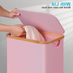 Vouwbare wasmand met wielen, 75L, roze slim ontwerp met deksel, bamboe handvatten en afneembare zak voor slaapkamer, badkamer en wasruimte — thumbnail 5