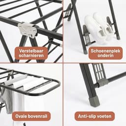 Cheqo® Wasrek - Droogrek - Inklapbaar - Staand - Zwart - Metaal - Opvouwbaar - Ruimtebesparend - met Vleugels en Schoenenhouder - Kledingrek - Wasdroger - Kledingdroger - voor Binnen en Buiten - Balkon - Studentenkamer - Slaapkamer — thumbnail 2