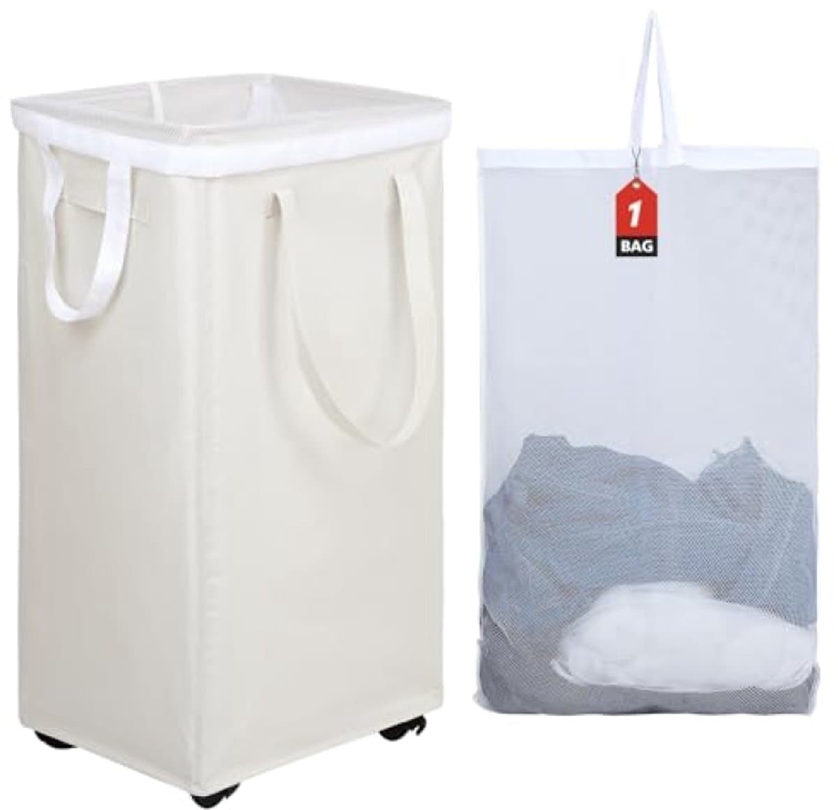 Extra Grote Opvouwbare Wasmand op Wielen - 90 Liter - Met Verwijderbare Waszak - Beige - Inklapbaar voor Makkelijke Opslag — afbeelding 1