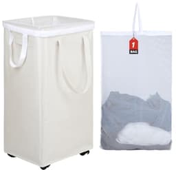 Extra Grote Opvouwbare Wasmand op Wielen - 90 Liter - Met Verwijderbare Waszak - Beige - Inklapbaar voor Makkelijke Opslag — thumbnail 1