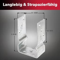 1x U-vormige paalsteun, vrije breedte 91 mm, totale lengte 150 mm, thermisch verzinkt staal, paalsteun voor vastschroeven of betonneren, U-profiel staal, grondanker, balkdrager — thumbnail 5