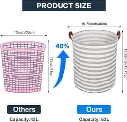 Opvouwbare wasmand met handvat, grote opbergmand 63 l, waterdichte stof, wasmand voor kinderen, voor het opruimen van de slaapkamer - grijs gestreept — thumbnail 3