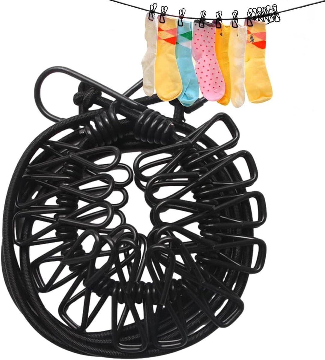 Reis Kledinglijn - Draagbare Waslijn - Kleding Drogen - Met 12 Clips - Tot 380 cm - Zwart — afbeelding 1