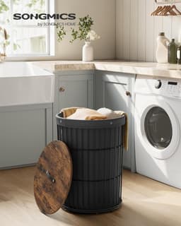 SONGMICS - Wasmand met deksel - ronde - 95 liter - hoogte 61 cm - zwart — thumbnail 3