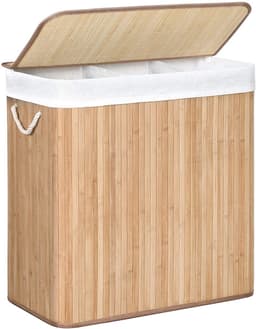 Waskorf Vuile wasmand Met 3 compartimenten Klemdeksel en handgreep 150 liter extra grote capaciteit Opvouwbaar ontwerp ruimtebesparend Geschikt voor wasruimte Slaapkamer en badkamer 60 x 40 x 60,5 cm naturel — thumbnail 1