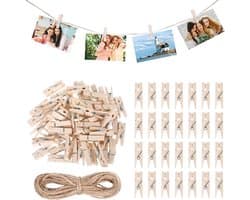 150 Stuks Mini Houten Knijpers met 10m Fotolijn voor Foto's, Kaarten en Knutselen