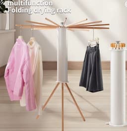 Opvouwbaar Droogrek Carrousel – Luxe Wasrek met 16 Houten Armen – Staand Droogmolen Voor Binnen – Ruimtebesparend – Zonder Montage – Wit/Hout — thumbnail 3