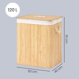 SONGMICS LCB014Y01V1 - Wasmand met Deksel - 2 Vakken - Uitneembare en Wasbare Waszak - Bamboe — thumbnail 2