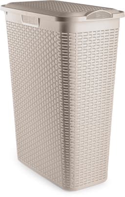 Plasticforte Smalle Wasmand met deksel Rotan - beige - gevlochten kunststof - 48 liter - 27 x 46 x 60 cm — thumbnail 1