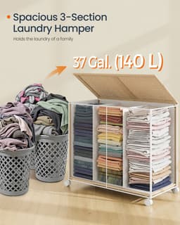 Wasmand - 140 L - 3 Compartimenten - Met Wielen - Naturel Beige - Mat Wit — thumbnail 5
