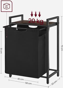 Wasmand, was emmer met plank, waskast, oxford stof wasstas uitbreidbaar verwijderbaar, metalen frame, 65 l, 50 x 33 x 72 cm, vintage bruin zwart — thumbnail 2