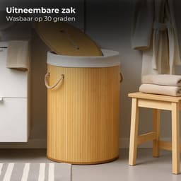 Lomera Bamboe Wasmand - Wasmand Met Deksel - 48 Liter Capaciteit - Ronde Wasmand - Natuurlijke Kleur - Afneembaar Deksel - Draaghengsels - Katoenen Waszak - Wasbare Zak - Metalen Ring Versteviging — thumbnail 2