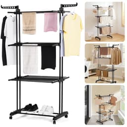 Inklapbaar Wasrek - Droogtoren - Kleding Droogrek - Staal en Kunststof - 75x64x178 cm - Met Wieltjes - Zwart - Inclusief EBOOK — thumbnail 1