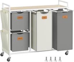 FurnStar Wasmand 4 Vakken – Wasverzamelaar 150L – Wassorteerder met Rollen en Plank – Waszakken met Kleine Zijzakken – 6 Etiketten – 98,6 x 33 x 80,5 cm – Natuurbeige - Duifgrijs-CrèmewitNatuurbeige - Duifgrijs-Crèmewit — thumbnail 1