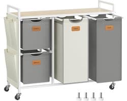 FurnStar Wasmand 4 Vakken – Wasverzamelaar 150L – Wassorteerder met Rollen en Plank – Waszakken met Kleine Zijzakken – 6 Etiketten – 98,6 x 33 x 80,5 cm – Natuurbeige - Duifgrijs-CrèmewitNatuurbeige - Duifgrijs-Crèmewit — afbeelding 1