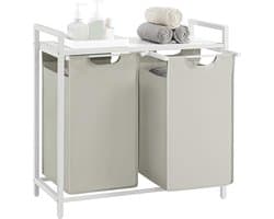 Wasmand, wasmand met 2 vakken, uittrekbare en verwijderbare voerzakken, kledingsorteerder, plank, metalen frame, 2 x 46 l, 73 x 33 x 72 cm, crèmewit en matwit BLH201W01