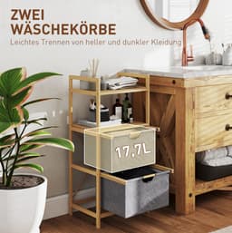MEUNIQ wasmand 35,4 L met 2 vakken, 2 uitneembare stoffen waszakken, 2 open opbergplanken, bamboe wassorteerder voor badkamer, 44 x 34 x 96 cm, naturel — thumbnail 4