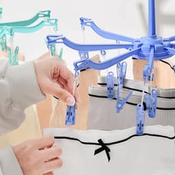 2 stuks opvouwbaar droogrek met 16 clips voor het ophangen van sokken en ondergoed - draagbaar en winddicht, 360 graden draaibaar (Blauw-Groen) — thumbnail 4