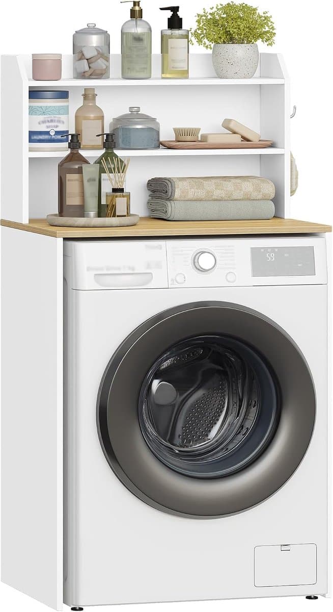 CINK & Co Wasmachinekast met 4 Vakken - Voor Wasmachine of Droger - Met 3 Planken en 2 Haken - Wit en Naturel - 50 x 68 x 128 cm — afbeelding 1