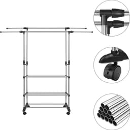PIPIPOXER- Wasrek-Droogrek-Staand Droogrek -Uitschuifbare Droogtoren - RVS – 3 Verdiepingen – 144 meter Drooglengte- Ruimtebesparend Wasrek -144 × 42 × 150 cm CM- Droogrek op Wielen - zwart — thumbnail 3