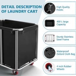 Dailygoods- Waswagen roestvrij staal - opvouwbare wasmand - 350 liter - 120 kg belastbaar - afneembare stoffen zak - waterdichte voering — thumbnail 4