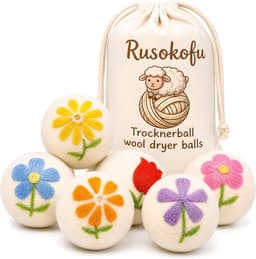 SnelShoppen - 6 Stuks XL Wol Droogballen met Unieke Bloemige Borduursels - Natuurlijke Herbruikbare Wasverzachter - Vermindert Scheuren en Droogtijd - — thumbnail 1