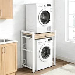 Witte Wasmachine Rek met Uittrekbare Handdoekhouder - Was-/Droogkast, Opbergruimte Boven de Wasmachine, 300 kg Laadvermogen, Vrijstaand. — thumbnail 5