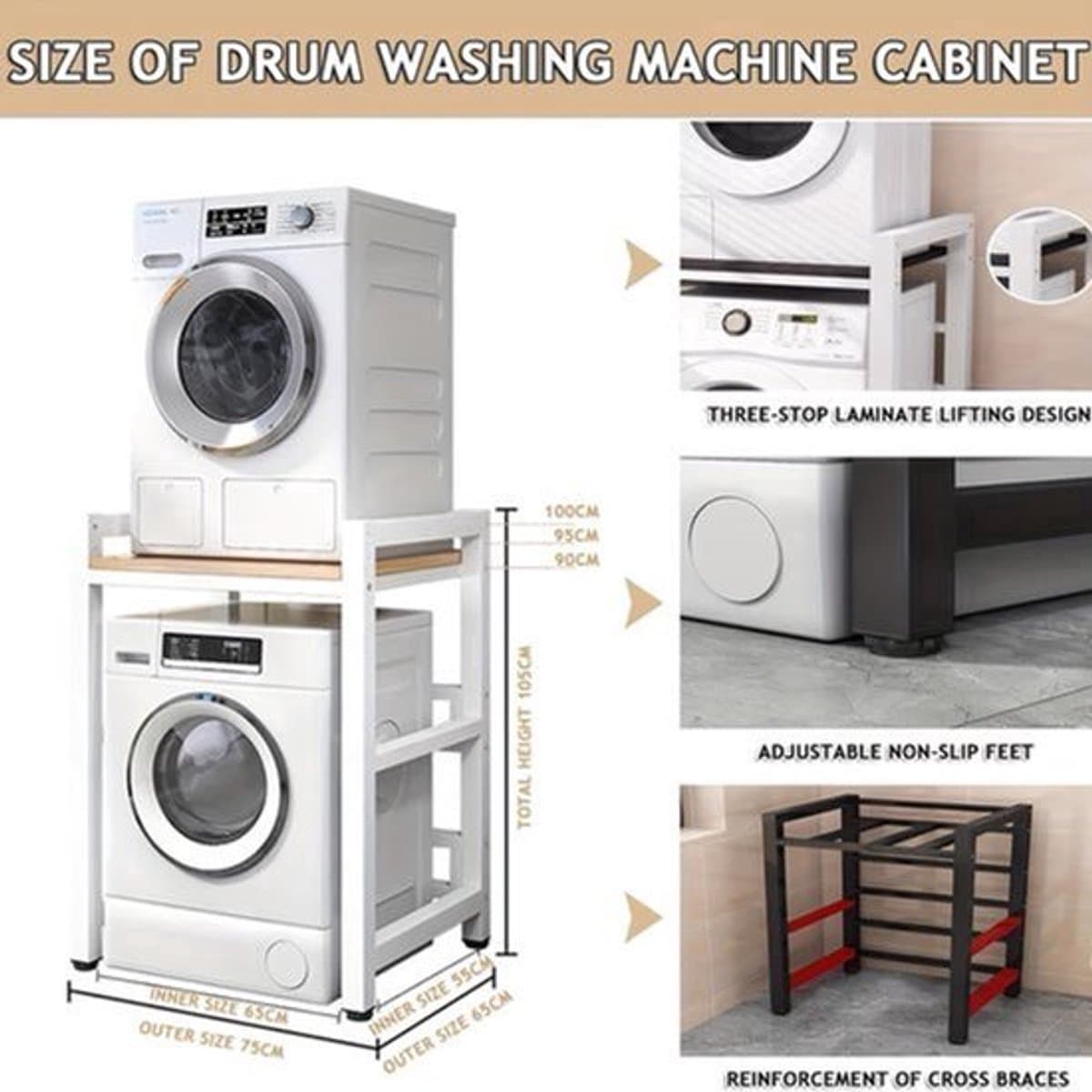 Wasmachine Standaard – Wasmachine Verhoger – Wasmachine Sokkel – Wasmachine Onderstel – Wasmachine Opbouwmeubel – Verstelbare Hoogte – Stevig Metaal Met Opbergrekken — afbeelding 1