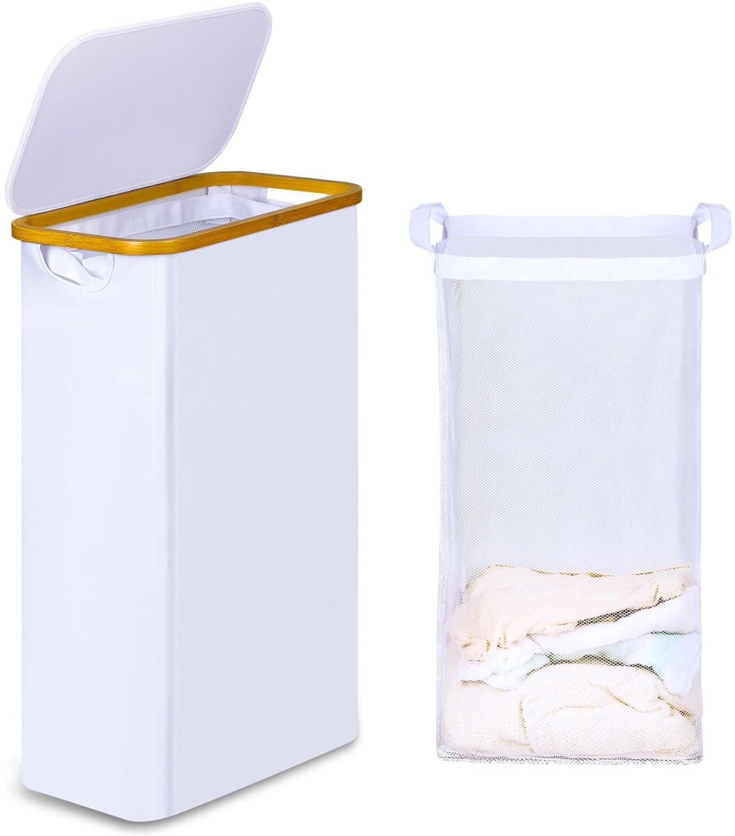 Wasmand met deksel - smal en opvouwbaar - 60 liter - wit - bamboe — afbeelding 1