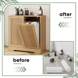 Dubbele kantelbare wasmand, verborgen waskast met dubbele manden, natuurlijke vuilnisemmer met kleine geribbelde deuren voor badkamer, keuken — thumbnail 2