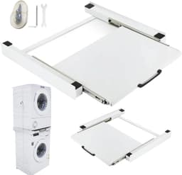 Tussenframe Wasmachine Droger - Universeel Stapelframe - Draagvermogen tot 150 kg - Uittrekbaar Werkblad 38 × 50 cm - 6 m Bevestigingsband - Inclusief Antislipmatten - Voor Wasruimte en Stapelen tot 60 × 60 cm — thumbnail 1