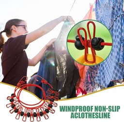 Winddichte Waslijn - Reiswaslijn Drogen - Kleding Drogen - Antislip Ontwerp - 3.7 Meter - Rood — thumbnail 5