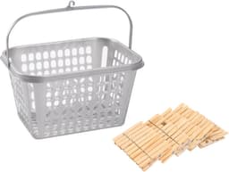 Wasknijpersmandje met haak en 100 stuks houten wasknijpers - Was ophangen - handige huishouden artikelen — thumbnail 1