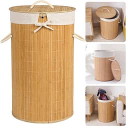 Wasmand - Bamboe - Ronde Wasmand 48 Liter - Met Deksel en Draaghengsels - Inclusief EBOOK — thumbnail 1