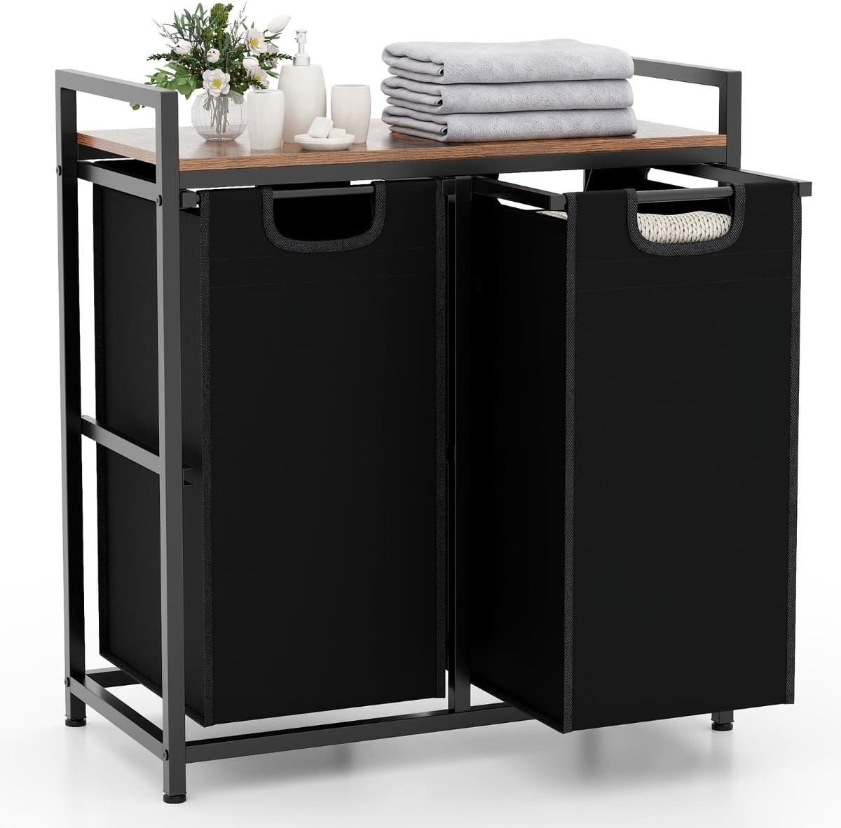 SureDeal® - Wasmand - 2 Vakken - Deksel - 90 Liter - 73x33x72 cm - Was Organizer - Badkamer - Badkamerkast - Kast — afbeelding 1