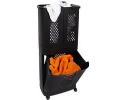 Eleganca Wasmand 3 vakken – XL Formaat 95 Liter – Wassorteerder– D31 x B45 x H90 cm – Afneembare manden – Wasmand op Wielen – Kunststof – Ruimtebesparend – Zwart — afbeelding 1