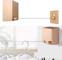 Indoor Outdoor Retractable Clothesline Wall Mounted Laundry Drying Rack - Adjustable String Hanger with Steel Rope - No Drilling and Self-Adhesive - Gold — thumbnail 5