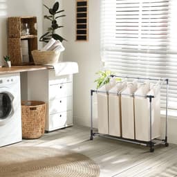 Opvouwbare wasmand met 4 vakken - handgrepen en wielen - wassorteerder met afneembare zakken - 96 x 39 x 82 cm — thumbnail 5
