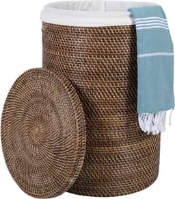 Rotan wasmand – Ronde wasbox met deksel en binnenzak – Opbergmand – Cleo Bruin — thumbnail 5