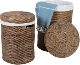 Rotan wasmand – Ronde wasbox met deksel en binnenzak – Opbergmand – Cleo Bruin — thumbnail 3