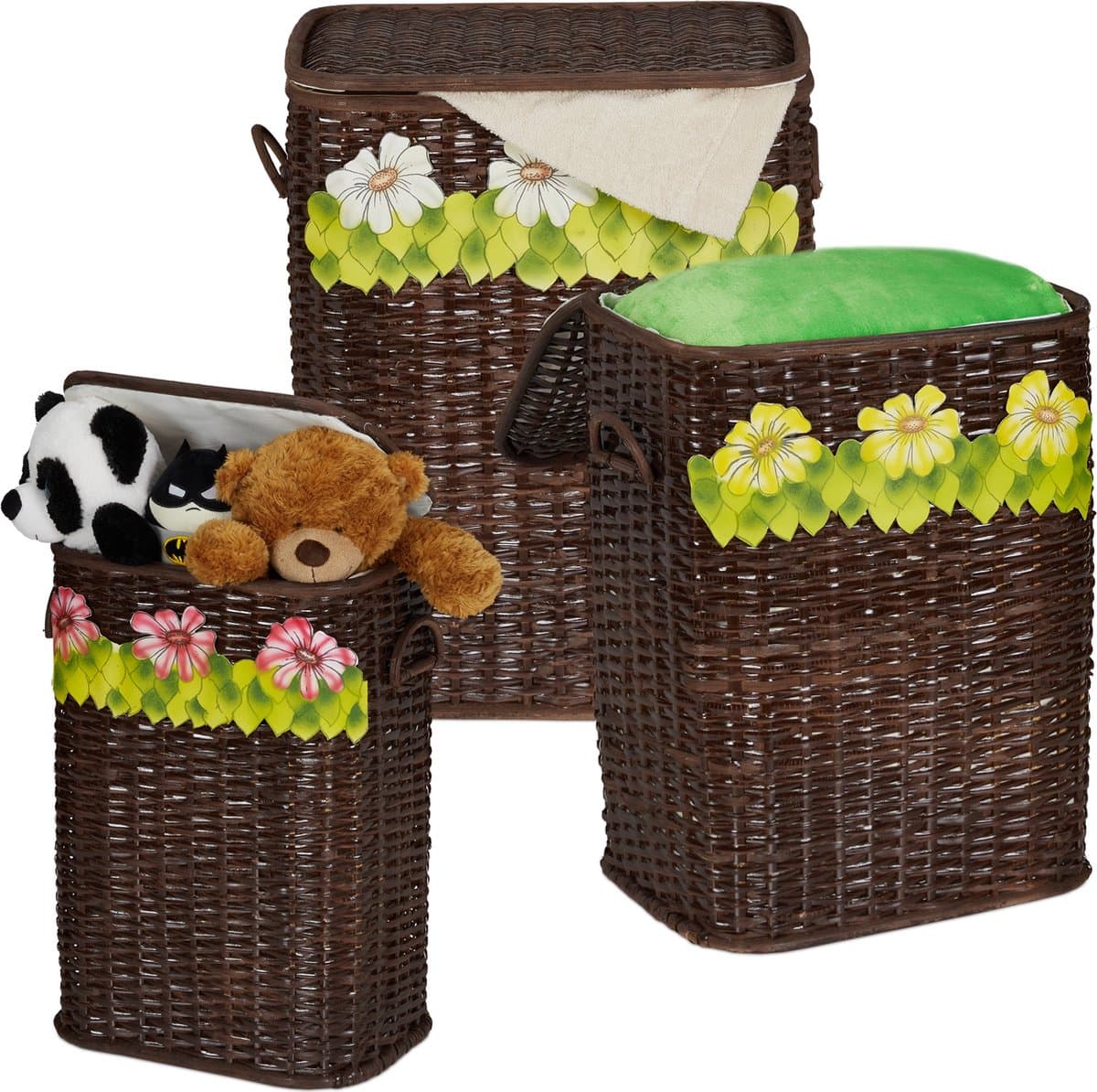 relaxdays wasmand - set van 3 - opbergmand met deksel - rieten mand - gevlochten A — afbeelding 1
