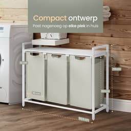 O'DADDY® Wasmand 3 Vakken - Uitschuifbare Wassorteerder met Plank - 114 Liter - 92.5 x 33 x 71 cm - Verstelbare Pootjes - Makkelijk te Monteren - Veelzijdig en Stijlvol Metaal - Wit — thumbnail 3