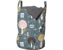 New Bed, Wasmand Bosprint met Huisjes, Scandinavische Stijl Opbergmand Kinderkamer met Handvatten en Koordsluiting, Speelgoedmand kinderen - Speelgoedkist - Wasbox - 33 x 48 cm — afbeelding 1