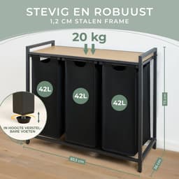 Blumtal Wasmand met 3 vakken - Wasmand met bamboe plank - Metalen frame - Wasmand met poten - Zwart — thumbnail 5