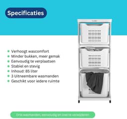 Wasophoogte Wasmand 3 vakken - Wit - Wassorteerder 3 vakken - Laundry basket met wieltjes - wasbox — thumbnail 5