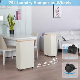 75 Litre Foldable Laundry Basket with Lid - Beige Slim Basket with Wheels, Bamboo Handles and Removable Bag for Bedroom, Bathroom, Kitchen — thumbnail 3