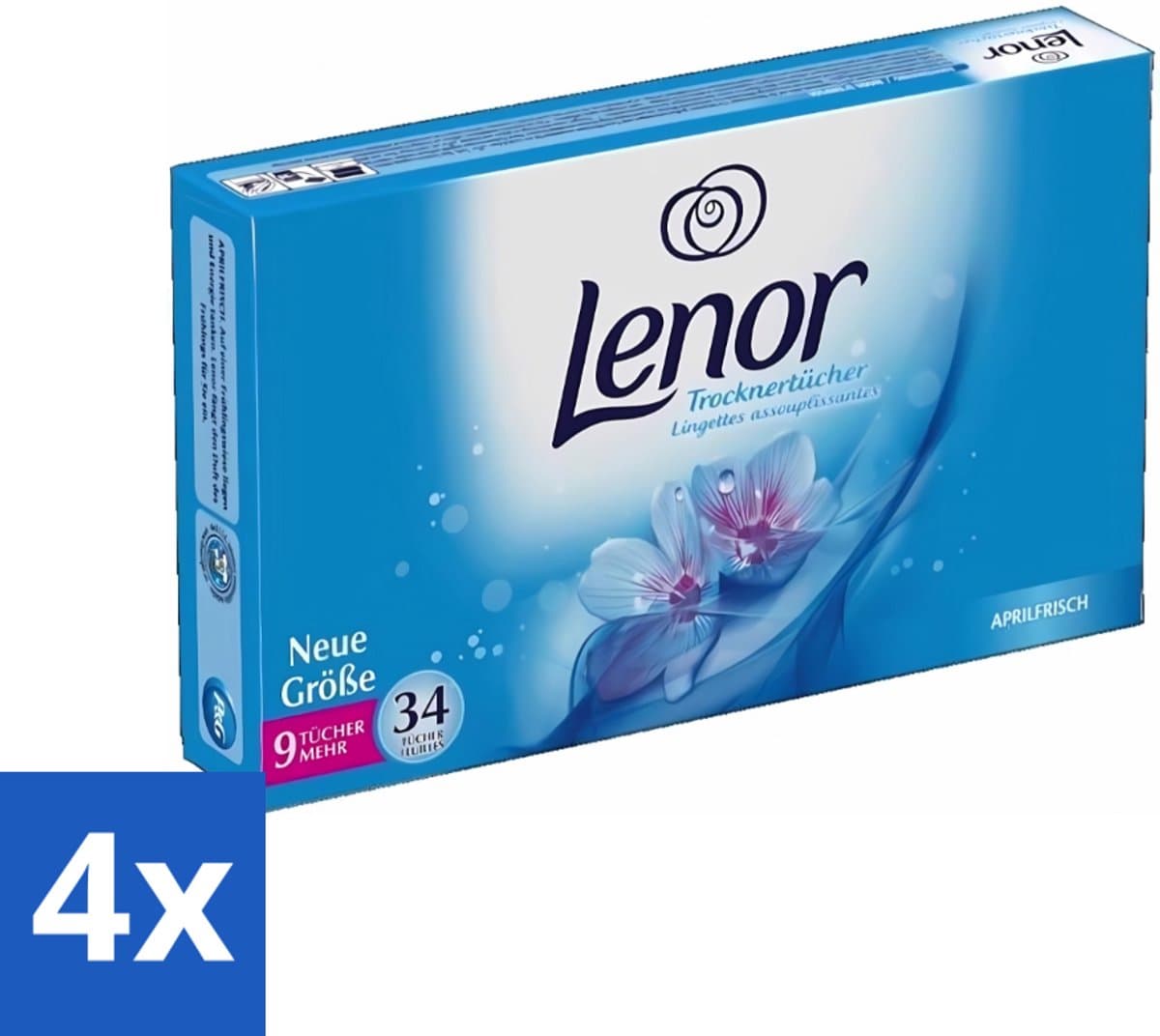 Lenor - Droogtrommeldoekjes - Aprilfris - Textielverfrisser - 34 Doekjes - Voordeelverpakking - 4 stuks — afbeelding 1