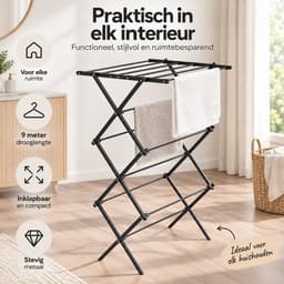 BOTC Droogrek Inklapbaar - Staand Wasrek met 9 Meter Drooglengte - Compact Opvouwbaar Droogrek voor Wasgoed - Metaal - Zwart — thumbnail 3