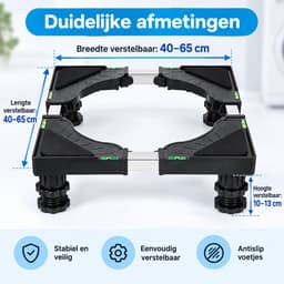 Wasmachine Verhoger Verstelbaar – Wasmachine Onderstel 40-65 cm – Hoogte 10-13 cm – Draagkracht 200 kg – Met Waterpas & Antislip – Voor Wasmachine, Droger en Koelkast — thumbnail 4