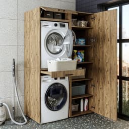 Roomart DUO-I Wasmachine Ombouwkast 127x240 cm - met Hoge Kast 60 en Uittrekblad - Eiken — thumbnail 3